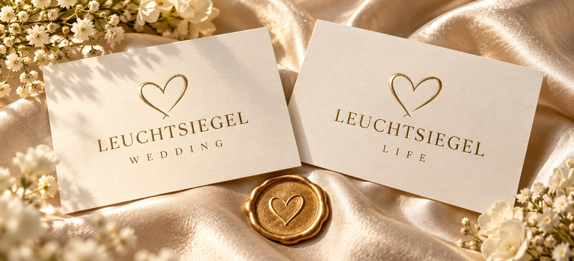 Leuchtsiegel Wedding und Life auf zwei cremefarbenen Karten mit goldenem Herzsiegel